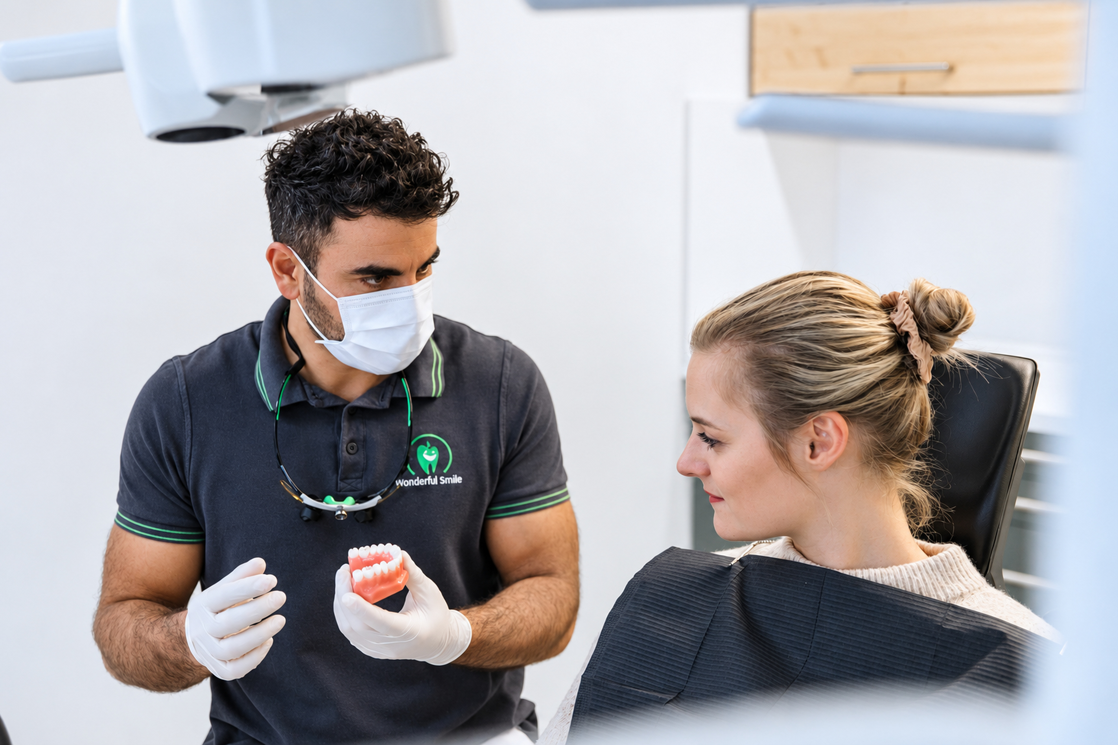 Zahnarzt erklärt einer Patientin die Behandlung an einem Zahnmodell